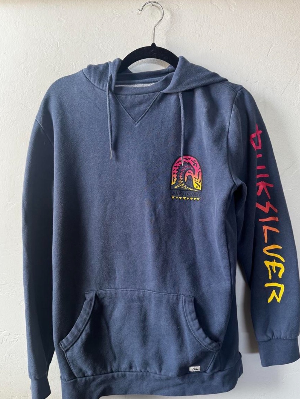 Quiksilver Navy Crewneck Hoodie with Pink and Yellow Logo and Sleeve Text